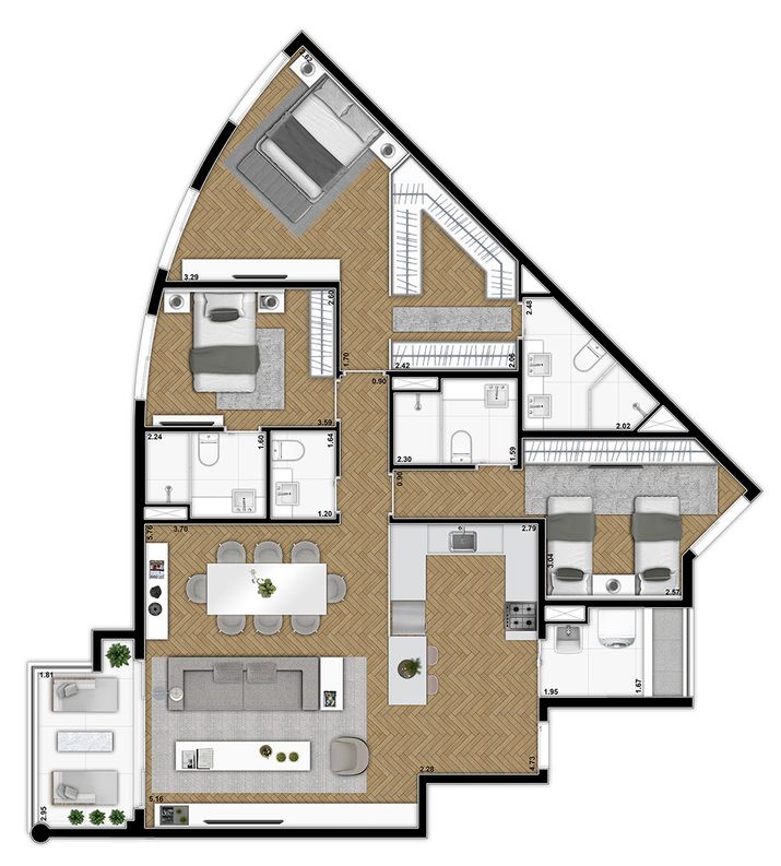 Planta humanizada com sugestão de decoração. Os móveis, eletrodomésticos, eletrônicos e elementos de decoração não fazem parte do contrato de compra e venda da unidade. Medidas de face a face.