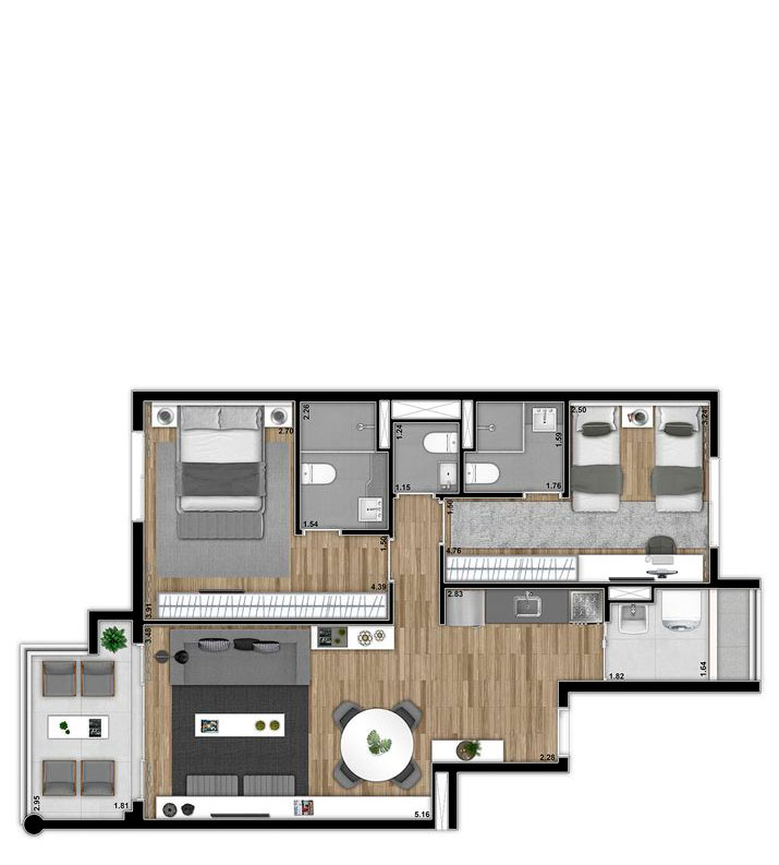 Planta humanizada referente a unidade final 03 e 13, com 79,83m², com sugestão de decoração. Os móveis, eletrodomésticos, eletrônicos e elementos de decoração não fazem parte do contrato de compra e venda da unidade. Medidas de face a face.