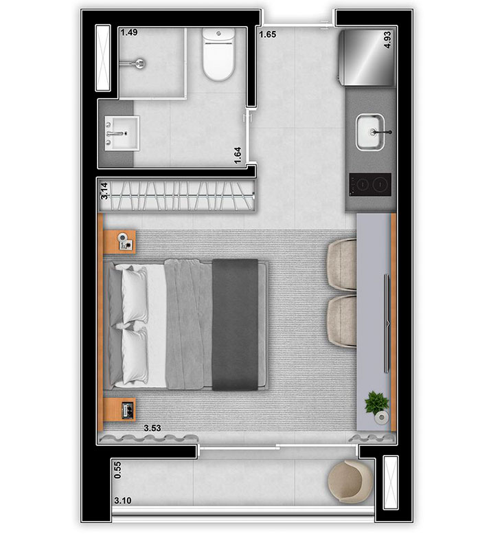 Planta humanizada com sugestão de decoração. Os móveis, eletrodomésticos, eletrônicos e elementos de decoração não fazem parte do contrato de compra e venda da unidade. Medidas de face a face.