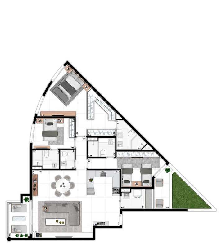 Planta humanizada com sugestão de decoração. Os móveis, eletrodomésticos, eletrônicos e elementos de decoração não fazem parte do contrato de compra e venda da unidade. Medidas de face a face.