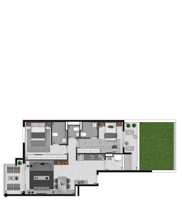 Planta humanizada com sugestão de decoração. Os móveis, eletrodomésticos, eletrônicos e elementos de decoração não fazem parte do contrato de compra e venda da unidade. Medidas de face a face.